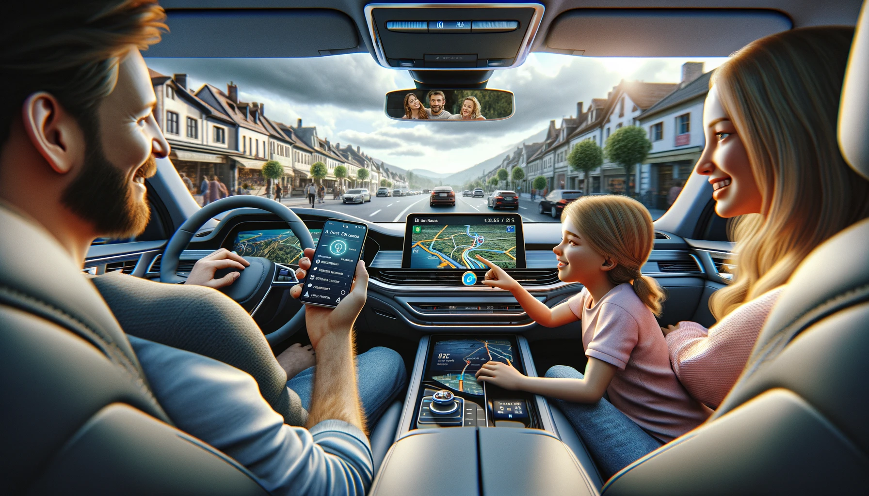 a family using a phone location tracking app during a road trip in their car