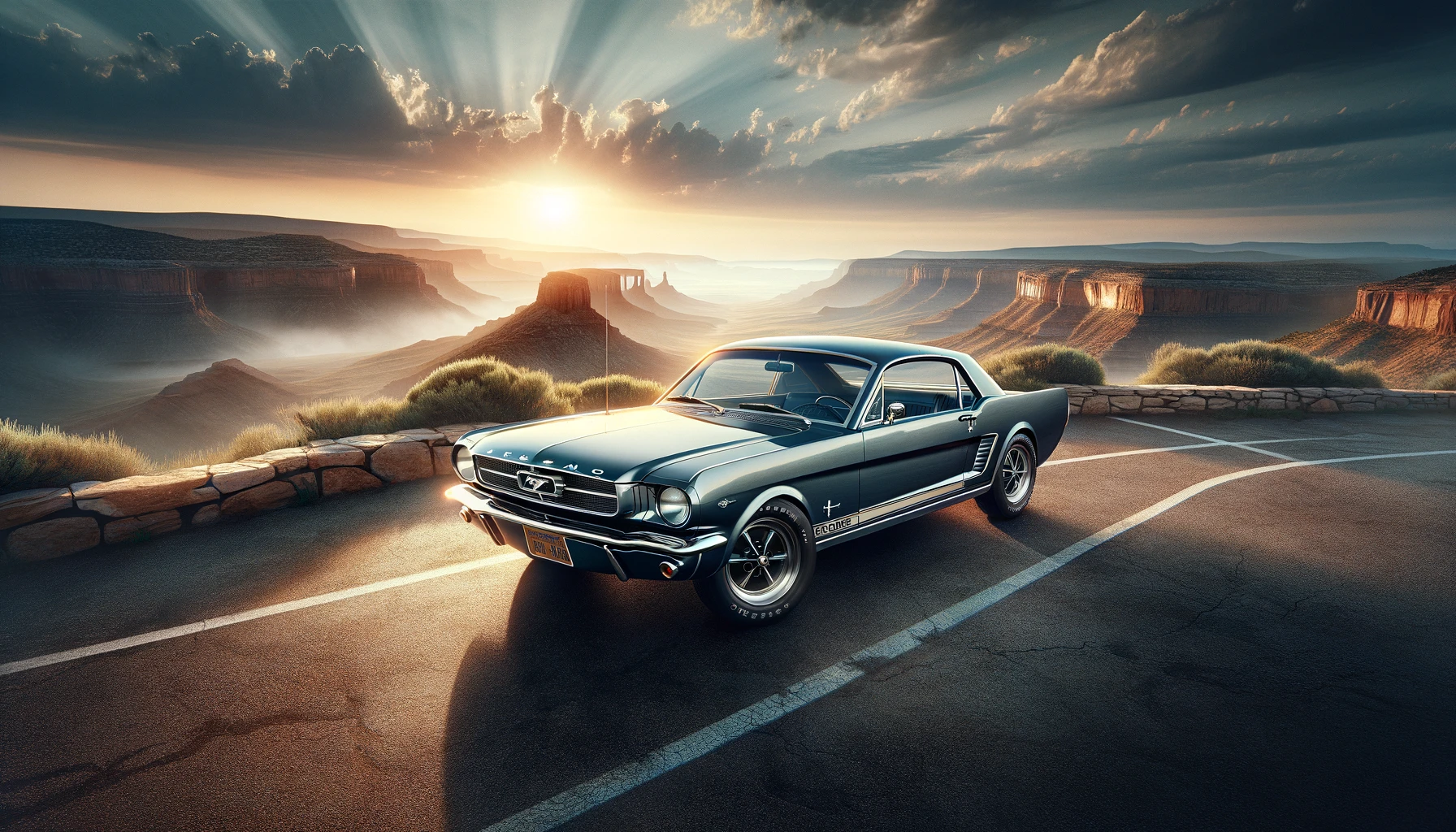 a 1965 Ford Mustang parked at a scenic overlook