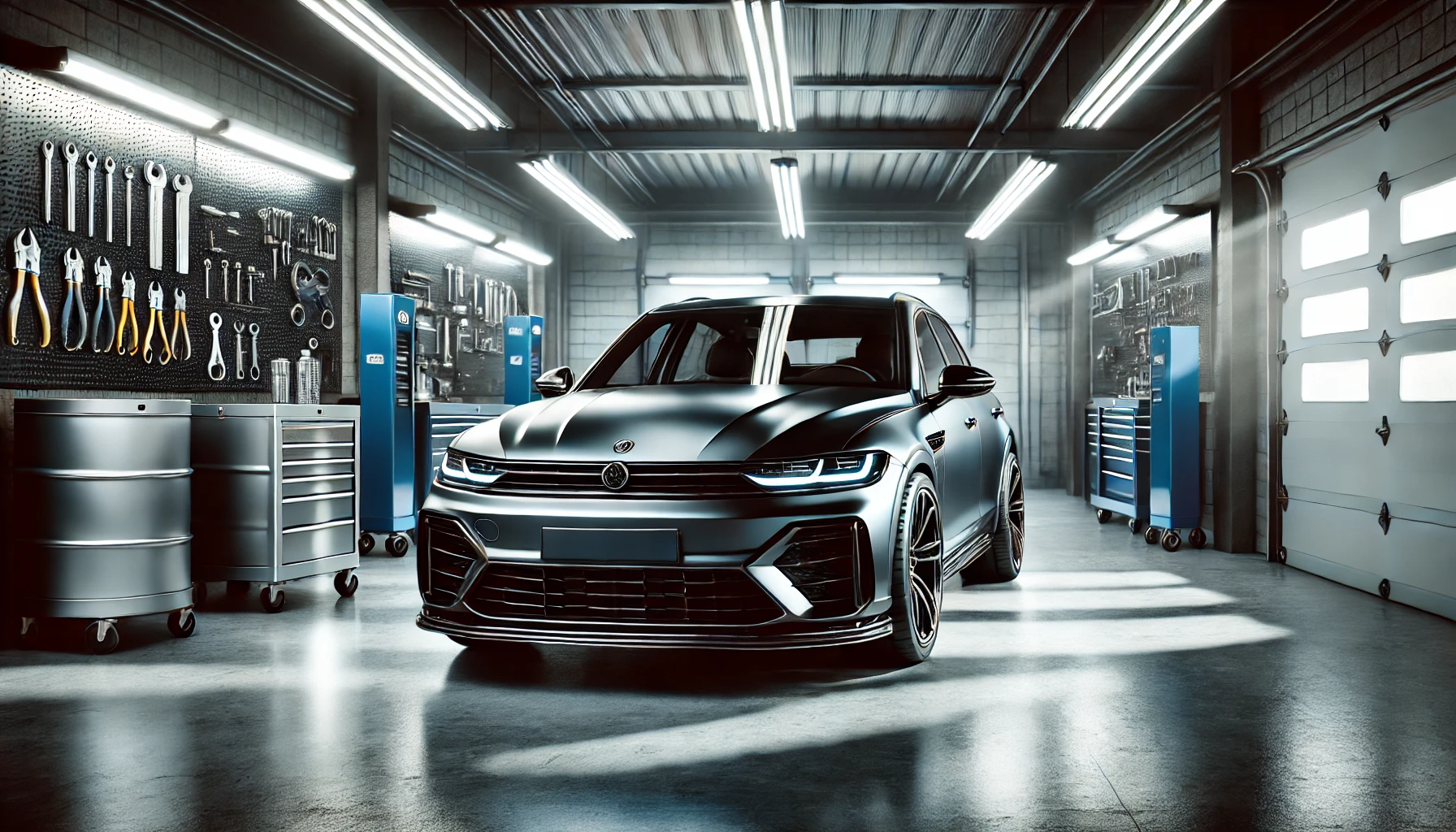 A sleek, modern car with shiny paint and stylish features is parked in a clean, well-lit garage with neatly arranged tools and equipment on the walls.