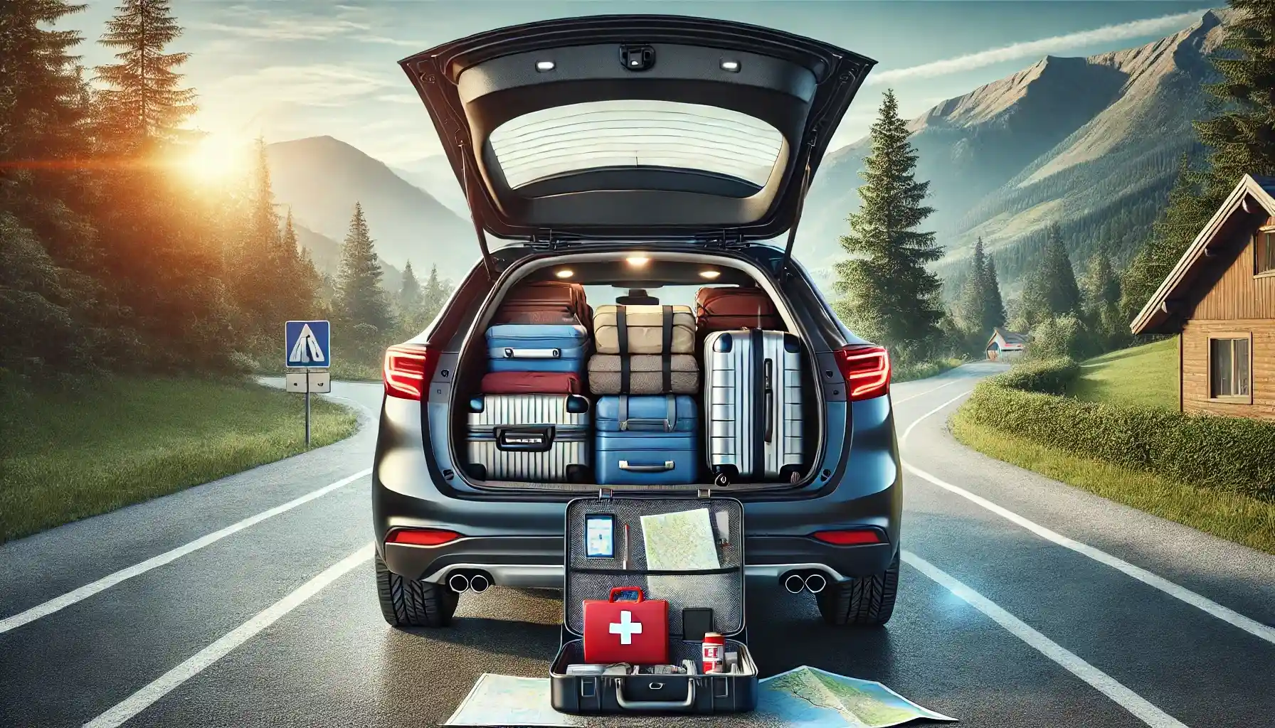 A car is packed with neatly organized luggage, a first aid kit, a portable charger, and a map and ready for a long road trip.