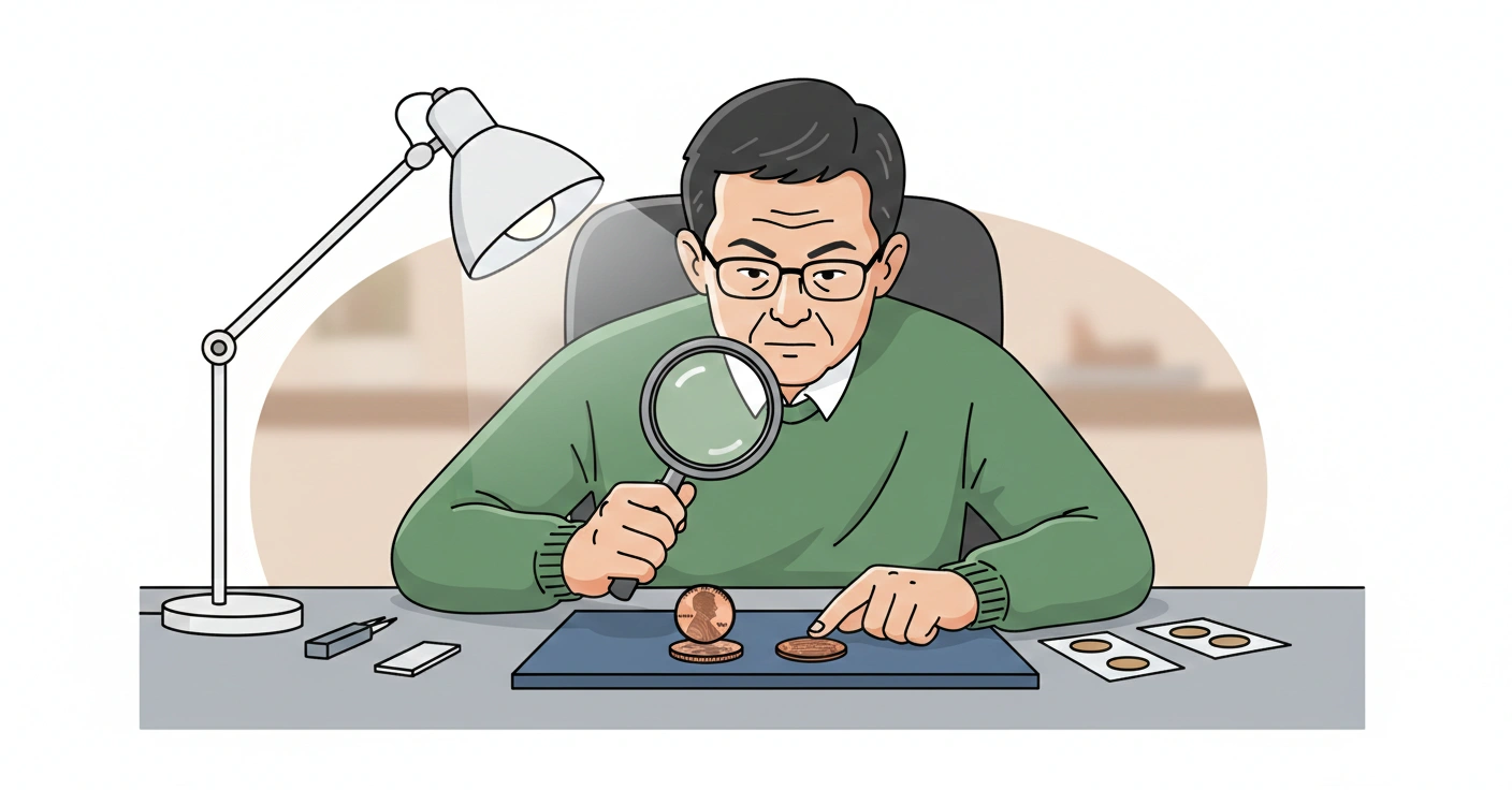 A collector comparing two 1988 Lincoln pennies under magnification, searching for subtle design differences