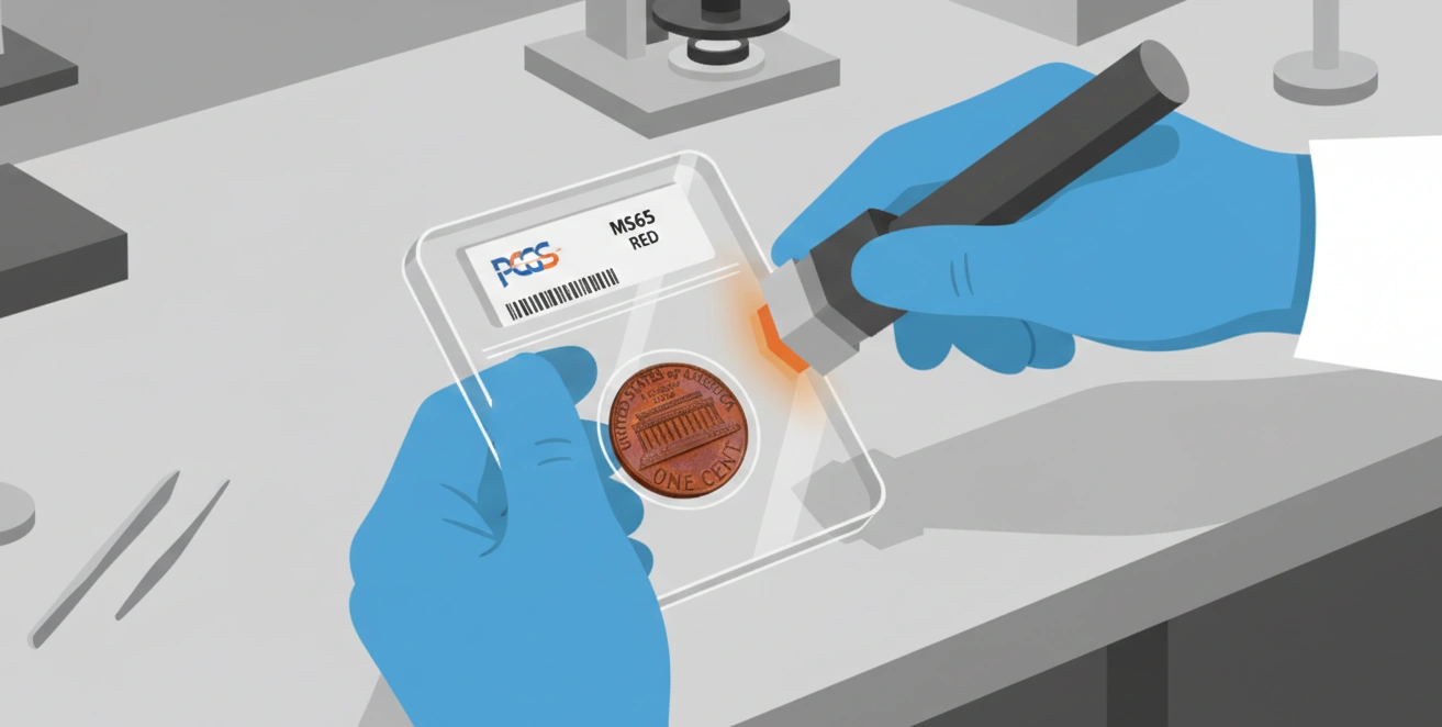 A grading specialist sealing a 1988 Lincoln penny in a protective slab